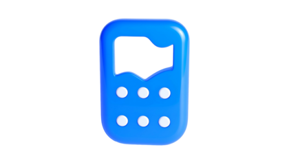 3D-rendered, bright blue phone icon with missing section & round buttons on a black bg