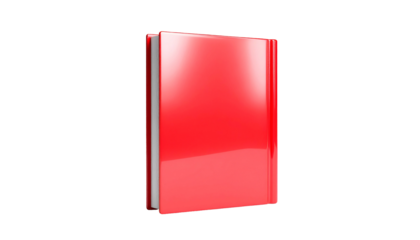 Shiny red, closed book standing upright on a black background, with side view visible