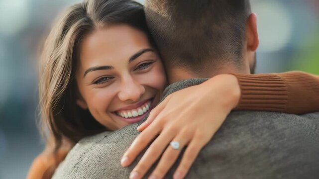 Excited woman with surprise proposal and engagement with love and commitment