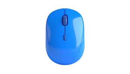A top-down view of a bright blue computer mouse, isolated on a black background