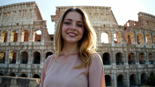 Smiling woman in front of the Colosseum
