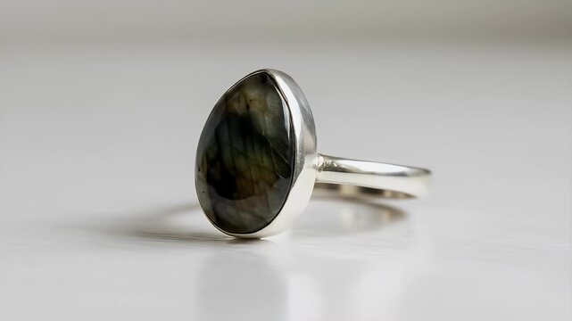 Teardrop Labradorite Gemstone Ring Silver Detailed Macro Shot