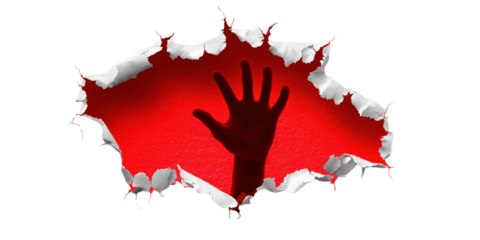 Breaking Through: A symbol of struggle and determination, a hand reaches through a torn surface, the silhouette cast against a bold red backdrop