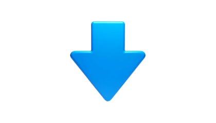 A bright blue, three-dimensional arrow pointing downwards, set against a black background