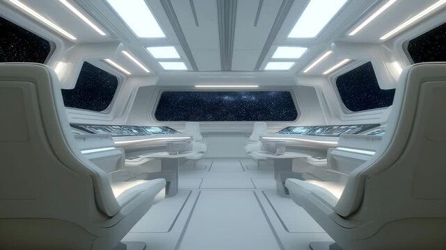 Spaceship bridge interior, with commander chairs and control panels or screens, wide panoramic window showing stars, high-end sci-fi aesthetic