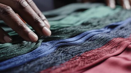 Close-up of hands exploring colorful textured fabric in a vibrant setting