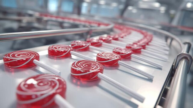 Automated bakery system producing lollipops, process on a conveyor belt, ready for filling and distribution
