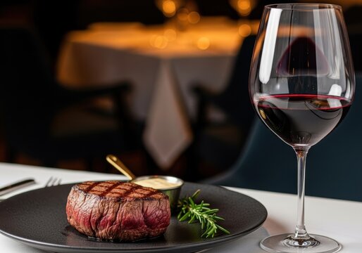 Elegant grilled steak dinner with red wine in a sophisticated restaurant setting