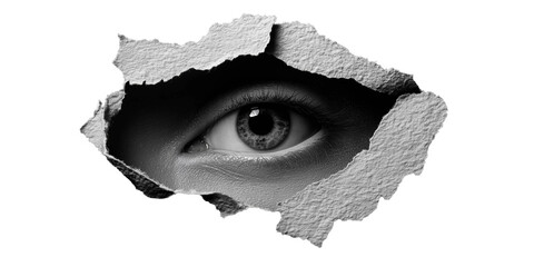Hidden Gaze: A close-up, high-contrast shot reveals an eye peering through a torn opening, conveying a sense of mystery and observation.