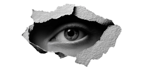 Hidden Gaze: A close-up, high-contrast shot reveals an eye peering through a torn opening, conveying a sense of mystery and observation.