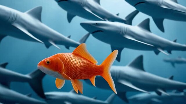 Golden Fish's Bold Stand: A lone golden fish, a symbol of courage and uniqueness, fearlessly navigates the waters surrounded by a school of sharks, emphasizing resilience and individuality.