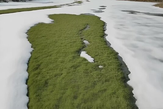 Snow melting on a patch of green grass in winter