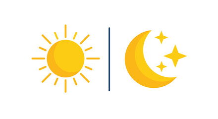 Simple flat icons of a bright sun and a crescent moon with stars to represent the concept of day and night or opposites.