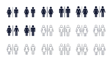 A large collection of restroom sign icons for male female and unisex toilets in various solid and outline design styles.