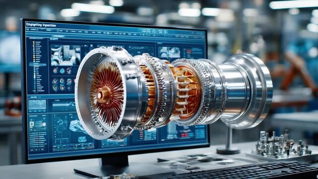 Engine Design & Technology: A visual representation showcasing the intricate design of an engine, possibly a turbine or jet engine, superimposed on a computer monitor displaying technical schematics.