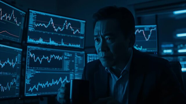 Trader Man Drinks Coffee In Dark Room With Stock Charts