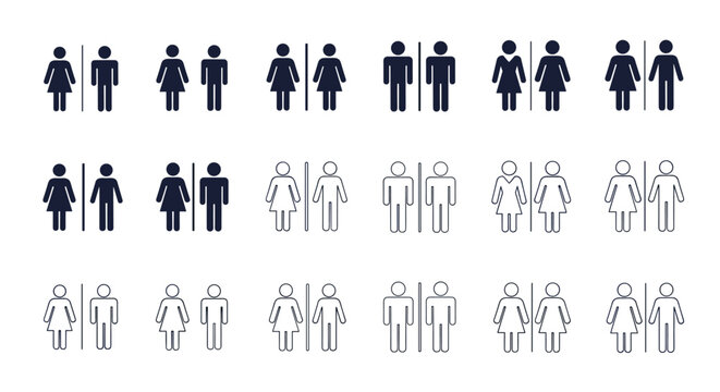 A large collection of restroom sign icons for male female and unisex toilets in various solid and outline design styles.