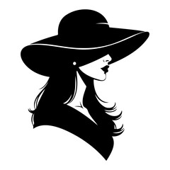 Black silhouette of a woman wearing a hat side view isolated on white background
