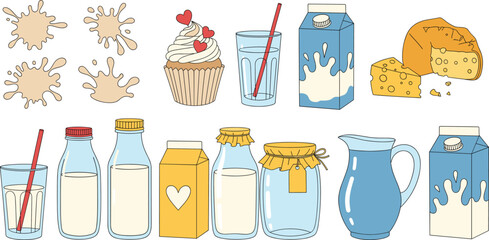 Milk dairy products vector set with bottles cartons jars splashes cheese cupcake and glass in cute hand drawn illustration style