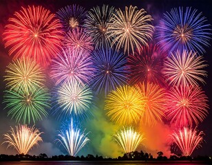 Colorful explosion of light across a dark night sky above water