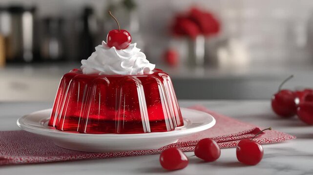 Red ice cream jello with whipped on top and a red cherry on white plate, Surrounded by red cherry on counter with blurred kitchen on background