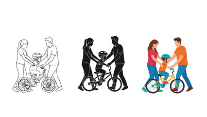 Obraz premium Family teaching child to ride a bicycle, set of three illustrations outline, silhouette and color version