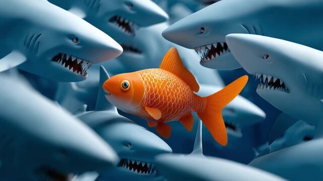 Goldfish Amidst Predators: A lone goldfish navigates a sea of hungry sharks, its vibrant orange scales a stark contrast against the cold, steely blues, symbolizing resilience.