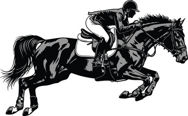 Equestrian show jumping illustration, rider and horse leaping obstacle dynamic sport silhouette vector art design