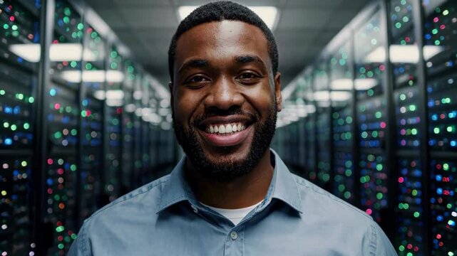 Man smiles in front of computer room server
