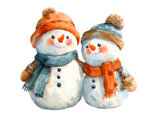 Cute Watercolor Snowman Couple Hugging &ndash; Vintage Winter Holiday Illustration