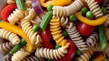 Colorful cold pasta salad with rotini, bell peppers, peas, and tomatoes creates vibrant and fresh dish