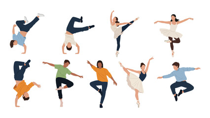 Set of vector illustrations featuring diverse people dancing, including breakdancing, ballet, and modern dance styles, in various dynamic poses and casual attire
