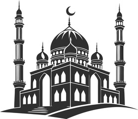 A stylized, vector graphic of a mosque, rendered in solid black against a stark white background. The mosque is centrally positioned and symmetrical. It features a large central dome, crowned by a cre