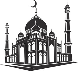 A stylized, vector graphic of a mosque, rendered in solid black against a stark white background. The mosque is centrally positioned and symmetrical. It features a large central dome, crowned by a cre
