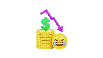 Dollar Symbol and Coins with Down Arrow and Laughing Emoji - Financial Crisis Concept