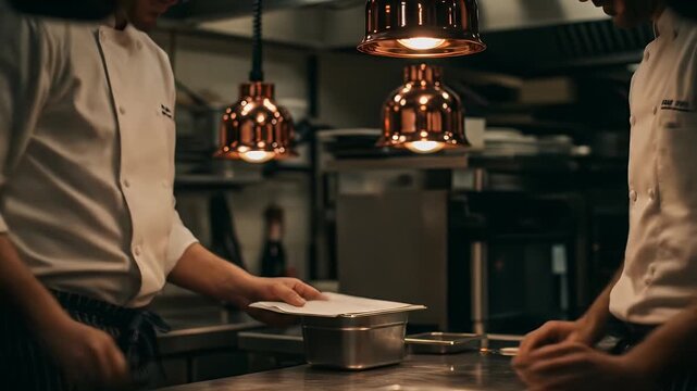 Two Chefs Shaking Hands Over A Dish In A Warmly Lit Kitchen