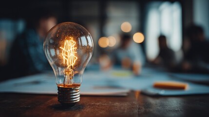 Illuminated light bulb symbolizing a bright idea, innovation, inspiration, and creativity during a collaborative team meeting in a modern office environment