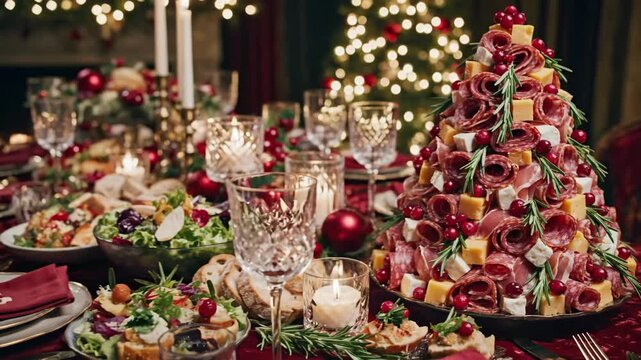 chic holiday spread, festive presentation of charcuterie with lighting and elegant decor, stylish holiday platter showcasing carefully arranged cheeses and cured meats with ambient lighting.