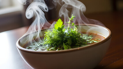 Steaming bowl of herbal soup