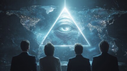 Business leaders watch a glowing eye of providence above a triangular hologram over a digital world map, symbolizing global surveillance, power and secret influence