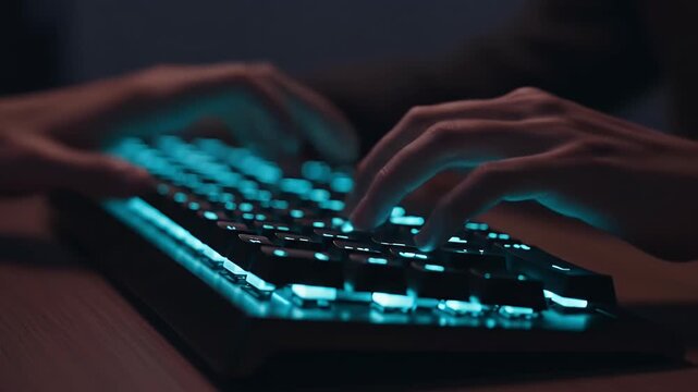 Typing on Glowing Teal Mechanical Keyboard in Dark Room Footage