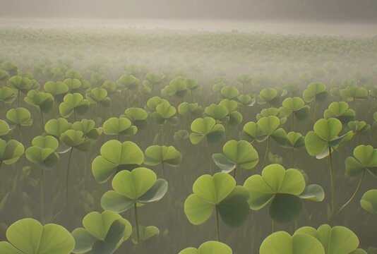 Field of green clover plants in misty landscape