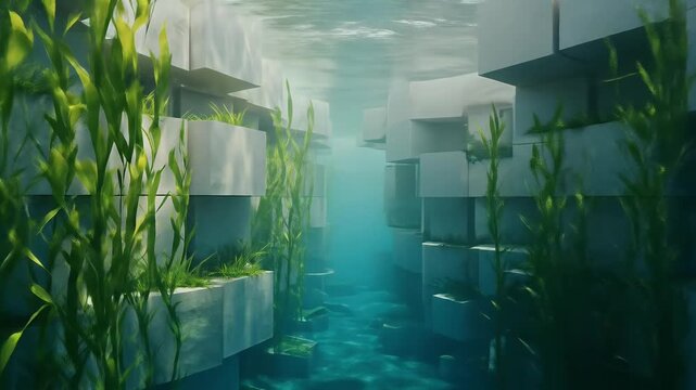 Underwater Cubes and Greenery Passage With Sunlight Rays