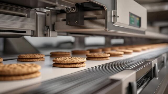 Automated bakery system producing cookies, packaging process on a conveyor belt, ready for filling and distribution