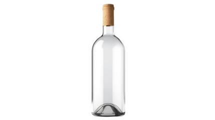 A clear glass bottle with a cork stopper isolated against a plain black studio background scene view on transparent background