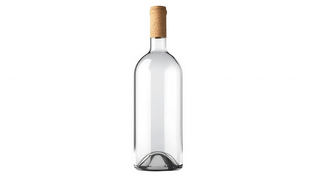 A clear glass bottle with a cork stopper isolated against a plain black studio background scene view on transparent background