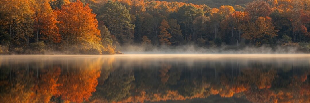 Autumn forest with colorful trees reflected in misty lake at sunrise. Tranquil fall landscape and nature scene for relaxation and seasonal advertising.