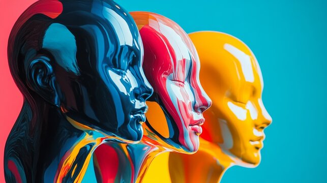 Three vibrant mannequin heads stand in profile against bright backgrounds. Their glossy surfaces showcase an array of colors. A striking visual that sparks creativity. Generative AI