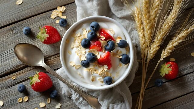 A bowl of creamy yogurt topped with fresh mixed berries (strawberries, blueberries) and sprinkled oats
