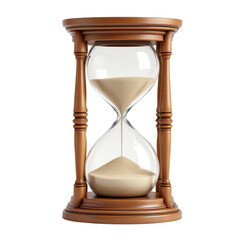 Hourglass clock with finely crafted wooden frame and flowing sand on transparent background